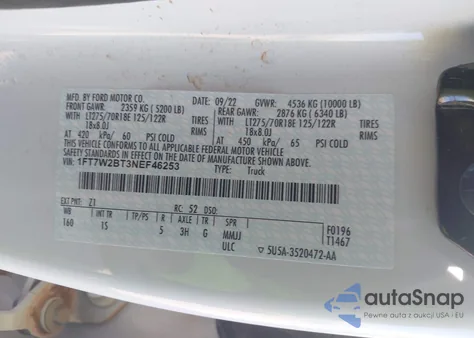 2022 Ford F-250 Xl from USA, damaged, VIN 1FT7W2BT3NEF46253